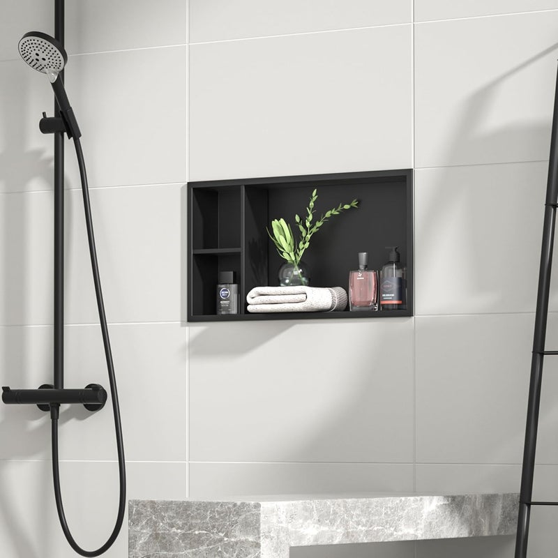 Bernkot  niche دش من الفولاذ المقاوم للصدأ 24" × 12" باللون الأسود غير اللامع بدون حاجة لبلاط، niche دش أفقي مع رف، niches جدارية مدمجة لتخزين الحمام - Image 1